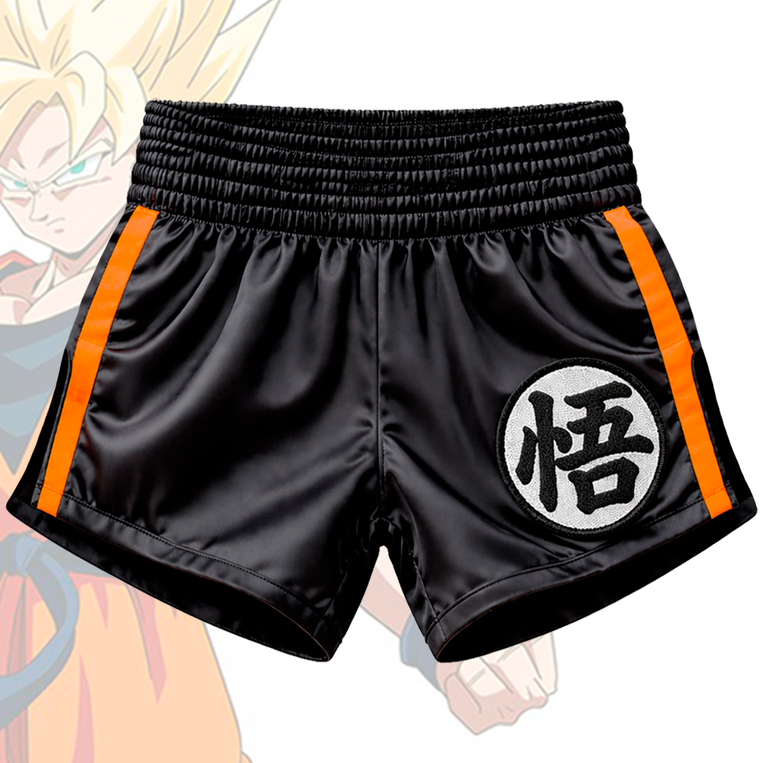 🩳🥊 Short muay/kick satin negro "Kanji Son Goku bordado"