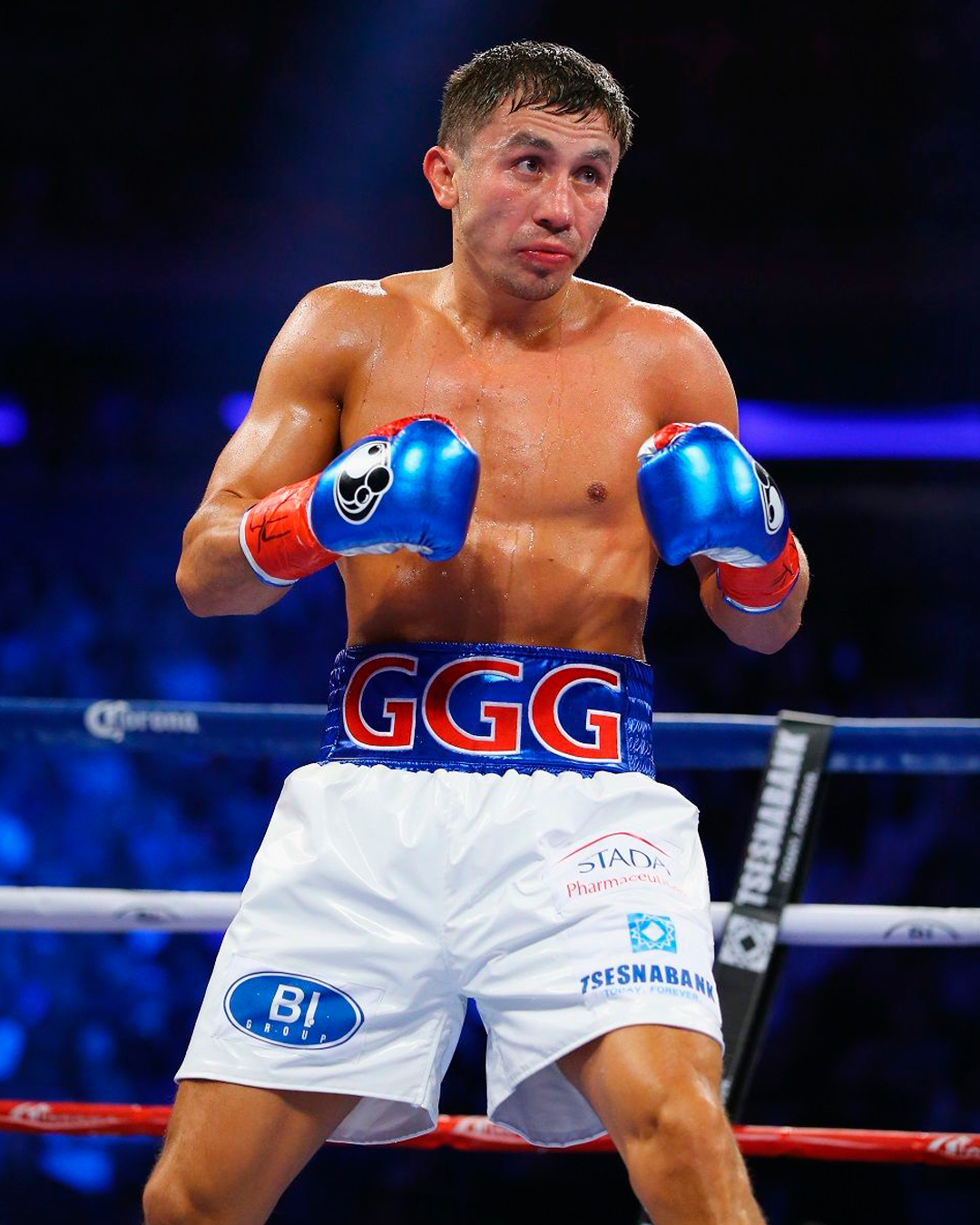 🩳🥊 Short satin azul/blanco "Gennady Golovkin GGG" (Luchador)