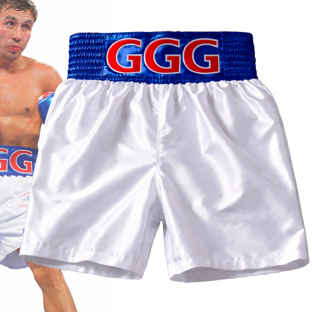 🩳🥊 Short satin azul/blanco "Gennady Golovkin GGG" (Luchador)