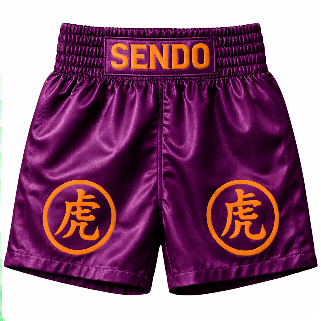 🩳🥊 Short satín morado Sendo "Kanji tigre"