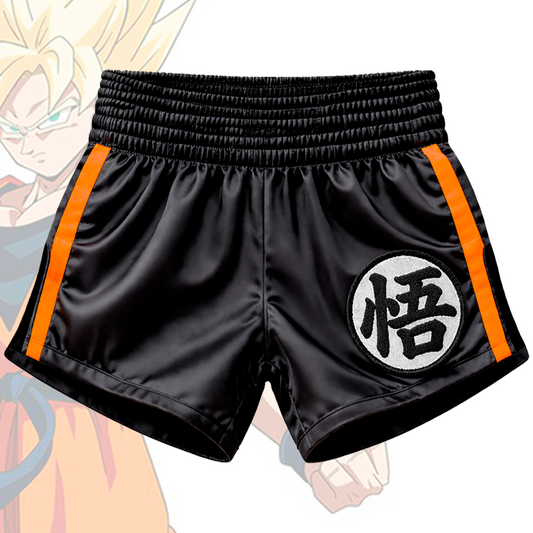 🩳🥊 Short muay/kick satin negro "Kanji Son Goku bordado"